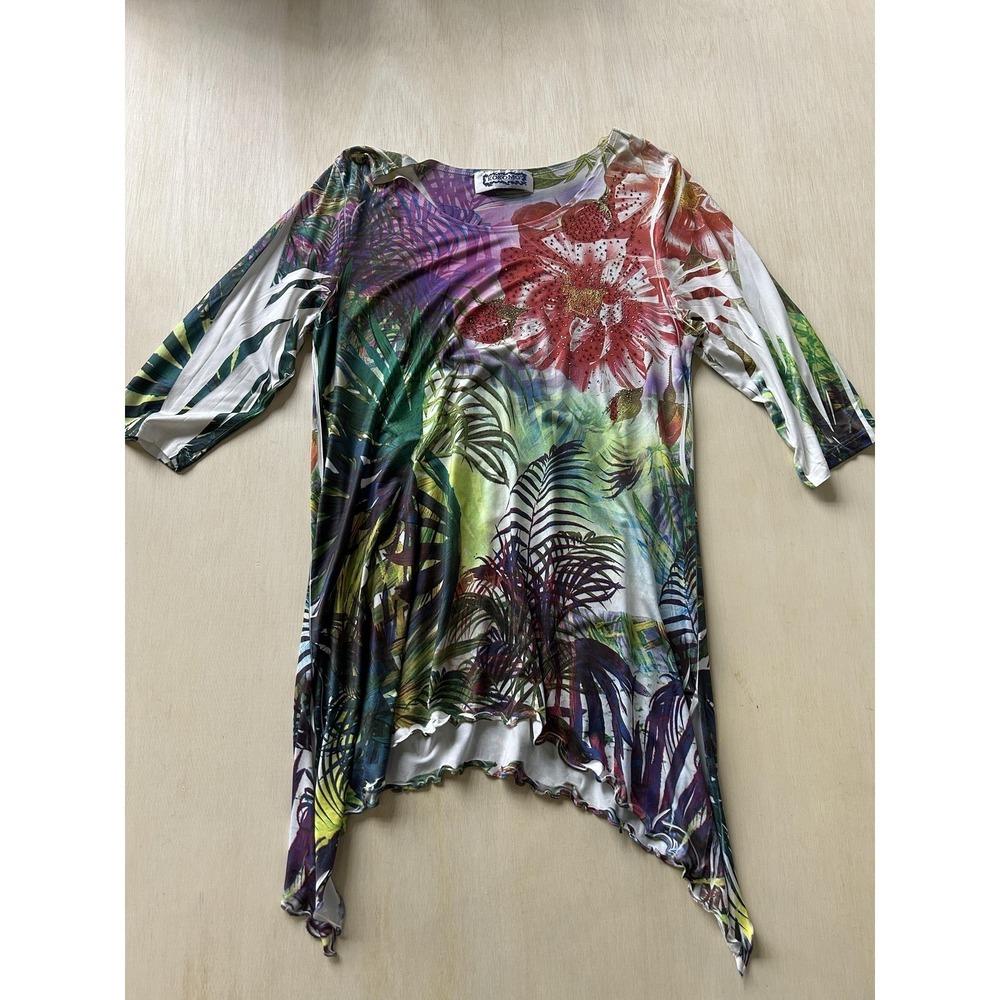 Kokomo Shirt Womens Medium Multi Tropical Floral Rhinestone Tunic Top Asym Hem